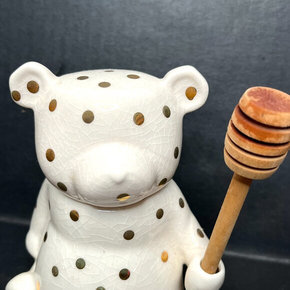 Anthropologie Dottie Honey Pot Ceramic Bear Jar With Gold Polka Dots Wood Spoon - Picture 3 of 9